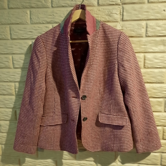 Talbots Wool Blend Equestrian Blazer Jacket Size 12 Pink Wine Houndstooth Lined - Picture 7 of 14